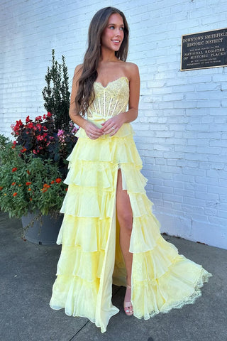 A Line Sweetheart Daffodil Chiffon Tiered Prom Dress with Lace AB25112206