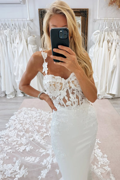 Gorgeous Mermaid V Neck Elastic Satin Wedding Dress with Appliques AB25112410