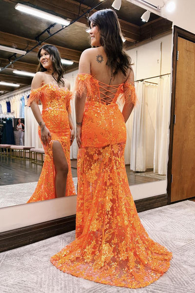 Sparkly Mermaid Sweetheart Orange Sequins Lace Long Prom Dresses with Slit AB091102