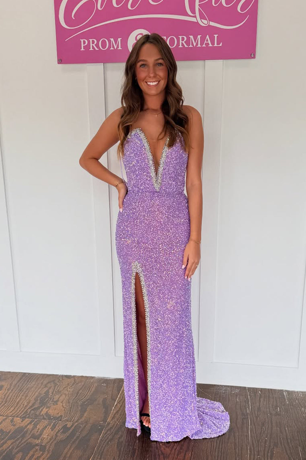 Cute Mermaid V Neck Lavender Sequins Prom Dress with Beading AB25092808