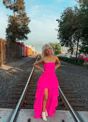 Cute A Line Strapless Pink Satin Tiered Prom Dress AB25010310