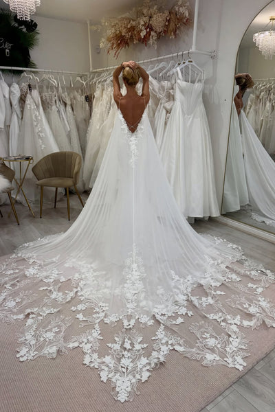 Mermaid V Neck Satin Wedding Dress with Appliques AB25122210