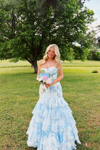 Cute Mermaid Strapless White Blue Floral Chiffon Prom Dress with Slit AB26050709
