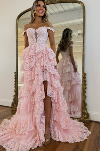 Cute A Line Off the Shoulder Pink Tulle Long Prom Dress AB26032202