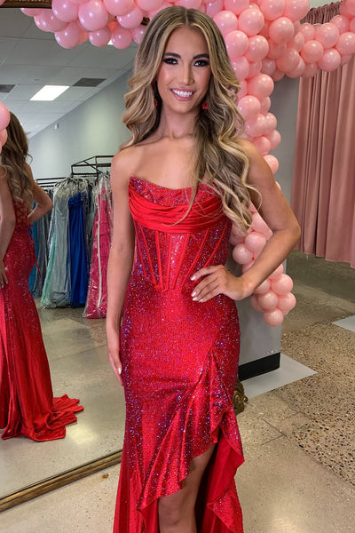 Gorgeous Mermaid Scoop Neck Red Satin Prom Dress with Rhinestones AB25101701