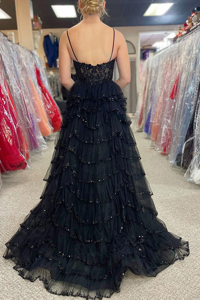 Charming A Line V Neck Black Tulle Tiered Prom Dress with Beading AB120803