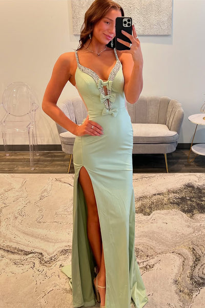 Charming Mermaid V Neck Sage Green Satin Prom Dress with Beading AB25012006