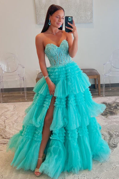 Cute A Line Sweetheart Mint Tulle Tiered Long Prom Dresses with Appliques AB122408