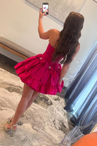 Cute A-Line Scoop Neck Fuchsia Satin Short Homecoming Dresses with Bows AB24081205