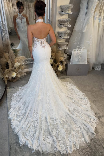 Charming Mermaid Halter Lace Beach Wedding Dress AB26010402