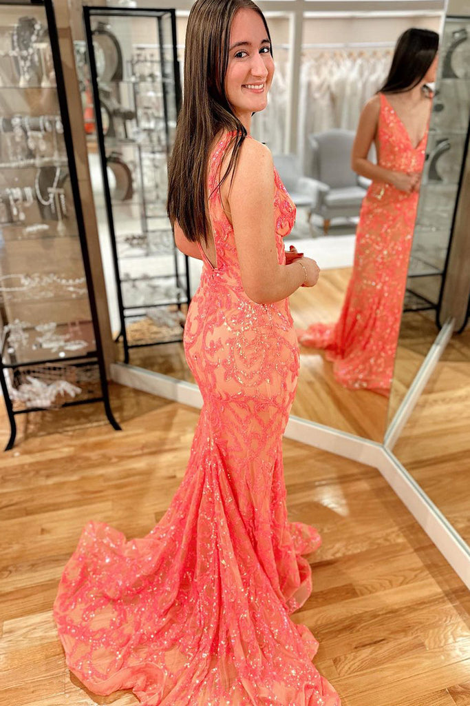 Cute Mermaid V Neck Coral Sequins Prom Dresses AB122602 – Anniebride Cute Mermaid V Neck Coral Sequins Prom Dresses AB122602 – Anniebride
