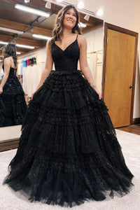 Sparkly Ball Gown V Neck Black Glitter Tulle Long Prom Dresses AB091104