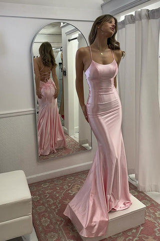 Cute Mermaid Scoop Neck Pink Satin Long Prom Dress AB4031205
