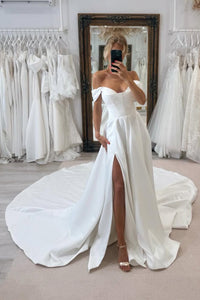 Ball Gown Off the Shoulder Heavy Satin Wedding Dress with Slit AB05060801