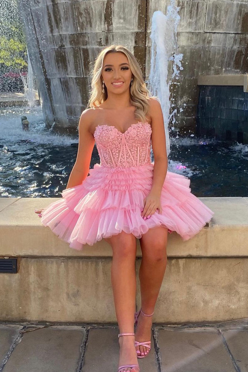 Cute A Line Sweetheart Tulle Pink Short Homecoming Dresses with Appliques AB091101 – Anniebride