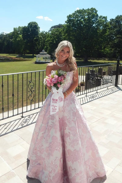 Gorgeous A Line Scoop Neck Pink Jacquard Satin Prom Dress with Beading AB26042104