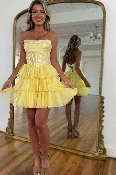 Cute A Line Scoop Neck Yellow Tiered Homecoming Dresses AB25071501