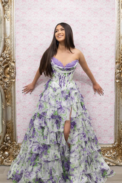 A-Line Strapless Lavender Floral Chiffon Tiered Long Prom Dresses with Slit AB021501