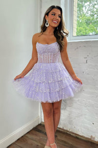 Cute A Line Strapless Lavender Dot Tulle Short Homecoming Dresses AB081902