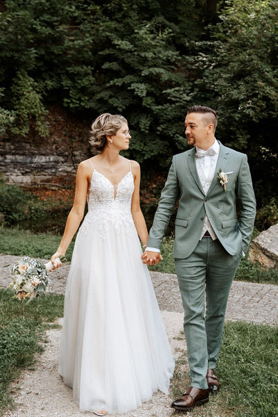 Bohemian Fairy A Line V Neck Tulle Long Beach Wedding Dresses with Appliques AB24102202