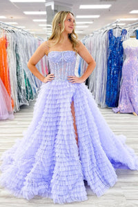 Ball Gown Spaghetti Straps Lilac Tiered Tulle Long Prom Dress with Appliques AB4020505
