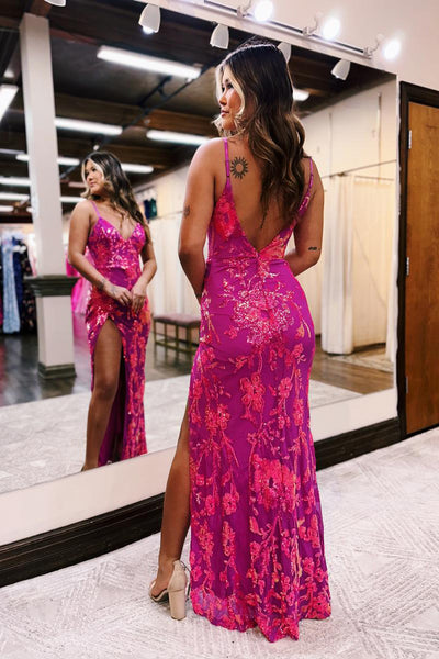 Cute Mermaid V Neck Hot Pink Sequin Lace Long Prom Dress with Slit AB4010305