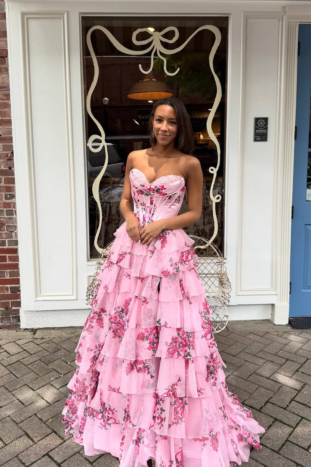 Cute A Line Sweetheart Blush Pink Floral Chiffon Prom Dress AB25101006