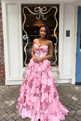 Cute A Line Sweetheart Blush Pink Floral Chiffon Prom Dress AB25101006