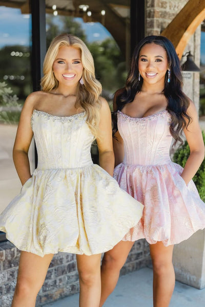 Sweet A Line Strapless Jacquard Satin Homecoming Dress with Pockets AB26062806