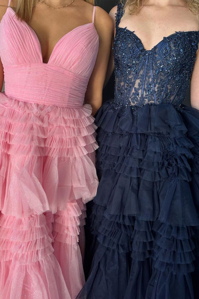 Ball Gown V Neck Pink Ruffle Tiered Long Prom Dress AB4020801