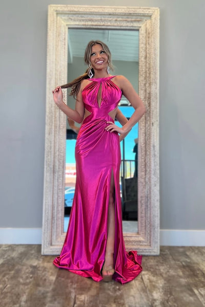 Mermaid Halter Keyhole Fuchsia Satin Long Prom Dresses with Slit AB25032102