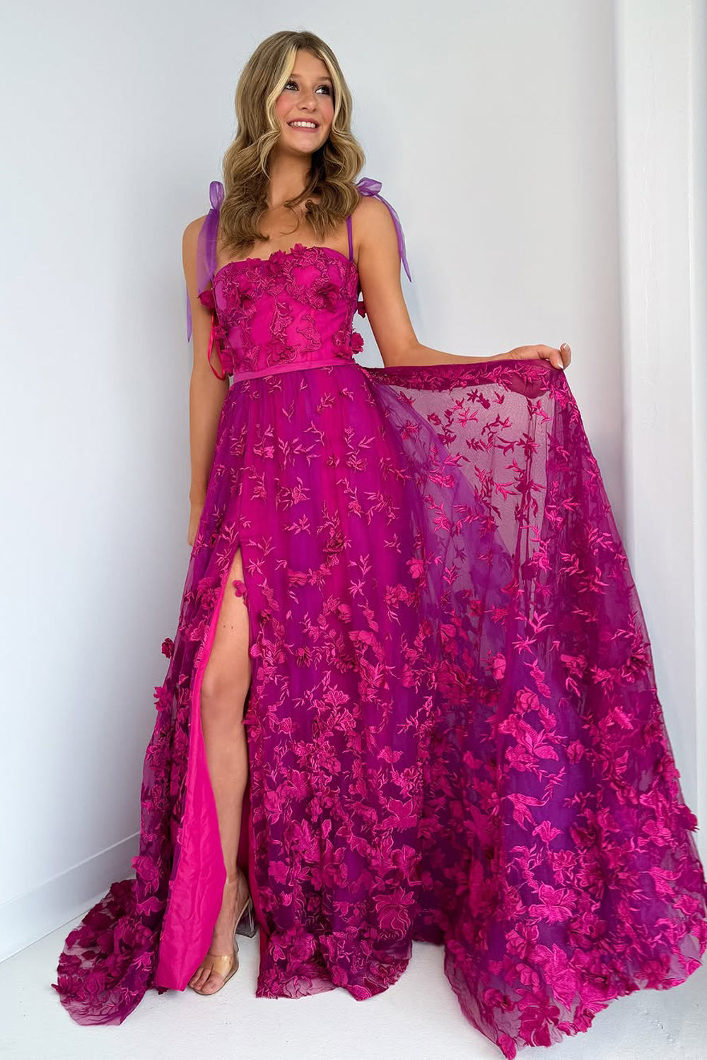 A-Line Sweetheart Purple Lace Long Prom Dresses with Slit AB25031803