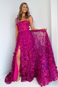 A-Line Sweetheart Purple Lace Long Prom Dresses with Slit AB25031803