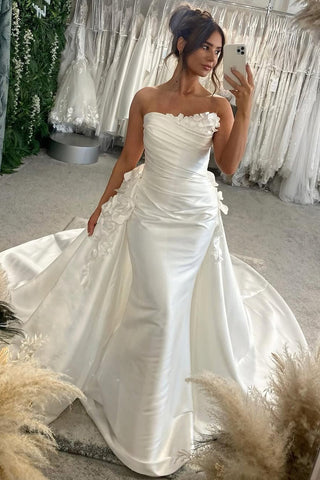 Gorgeous Mermaid Strapless Satin Wedding Dresses with 3D Flowers AB25052403