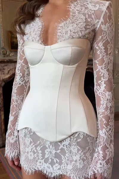 Fashion V Nekc Lace Satin Short Wedding Dress with Sleeves AB26060818