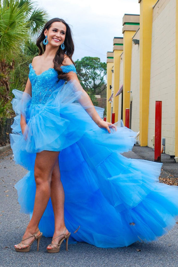 Stunning Off the Shoulder Blue Tulle High Low Long Prom Dresses AB061803 Anniebride Stunning Off the Shoulder Blue Tulle High Low Long Prom Dresses AB061803 Anniebride