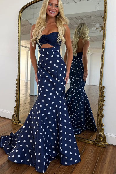 Cute Mermaid Strapless Keyhole Navy White Dot Prom Dress AB26032601