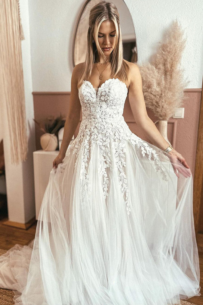 Elegant A Line Sweetheart Tulle Wedding Dresses with Appliques AB072507 Anniebride Elegant A Line Sweetheart Tulle Wedding Dresses with Appliques AB072507 Anniebride