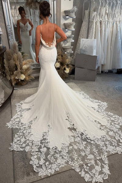 Elegant Mermaid V Neck Elastic Satin Wedding Dresses with Appliques AB25050203