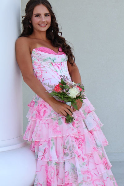 Cute A Line Sweetheart Pink Floral Chiffon Prom Dress with Slit AB26042109