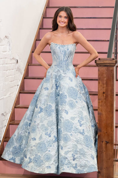 Gorgeous A Line Scoop Neck Jacquard Satin Long Prom Dress with Beading AB26020308