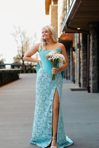 Stuinning Mermaid Strapless Aqua Lace Long Prom Dress with Bow AB26042108