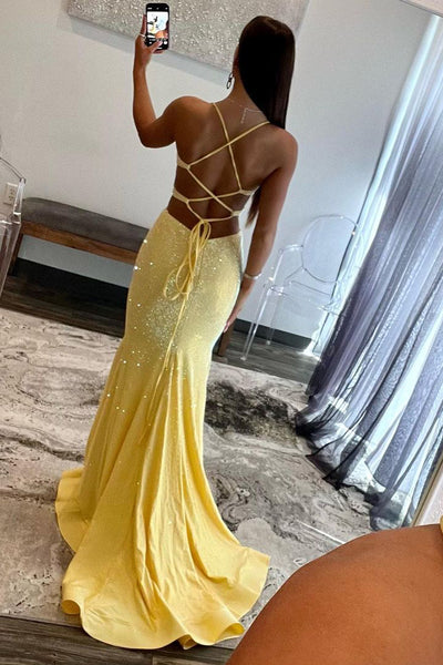 Sparkly Mermaid V Neck Yellow Satin Long Prom Dresses with Beading AB102703