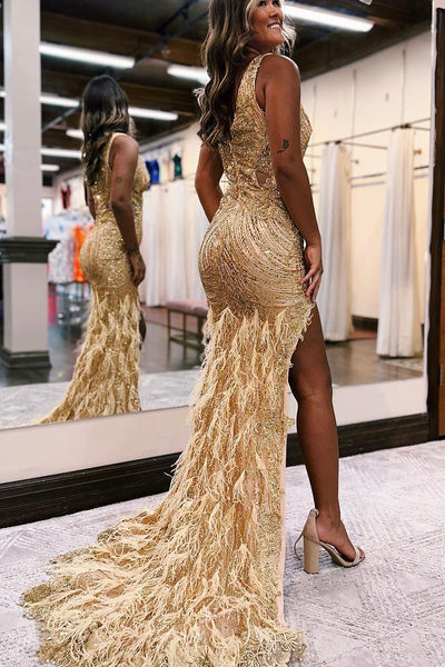 Sparkly Mermaid V Neck Royal Blue Long Prom Dresses with Feather AB092410