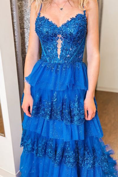 Cute A Line V Neck Royal Blue Tiered Tulle Prom Dress with Appliques AB25021701