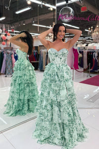 Fashion A Line Sweetheart Floral Chiffon Tiered Prom Dress AB25092701