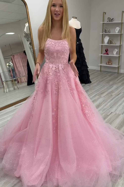 Sweet A Line Scoop Neck Pink Tulle Prom Dress with Appliques AB26102912