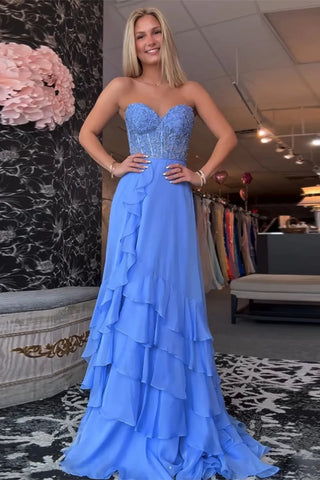 Cute A Line Sweetheart Blue Chiffon Tiered Long Prom Dresses AB25051904