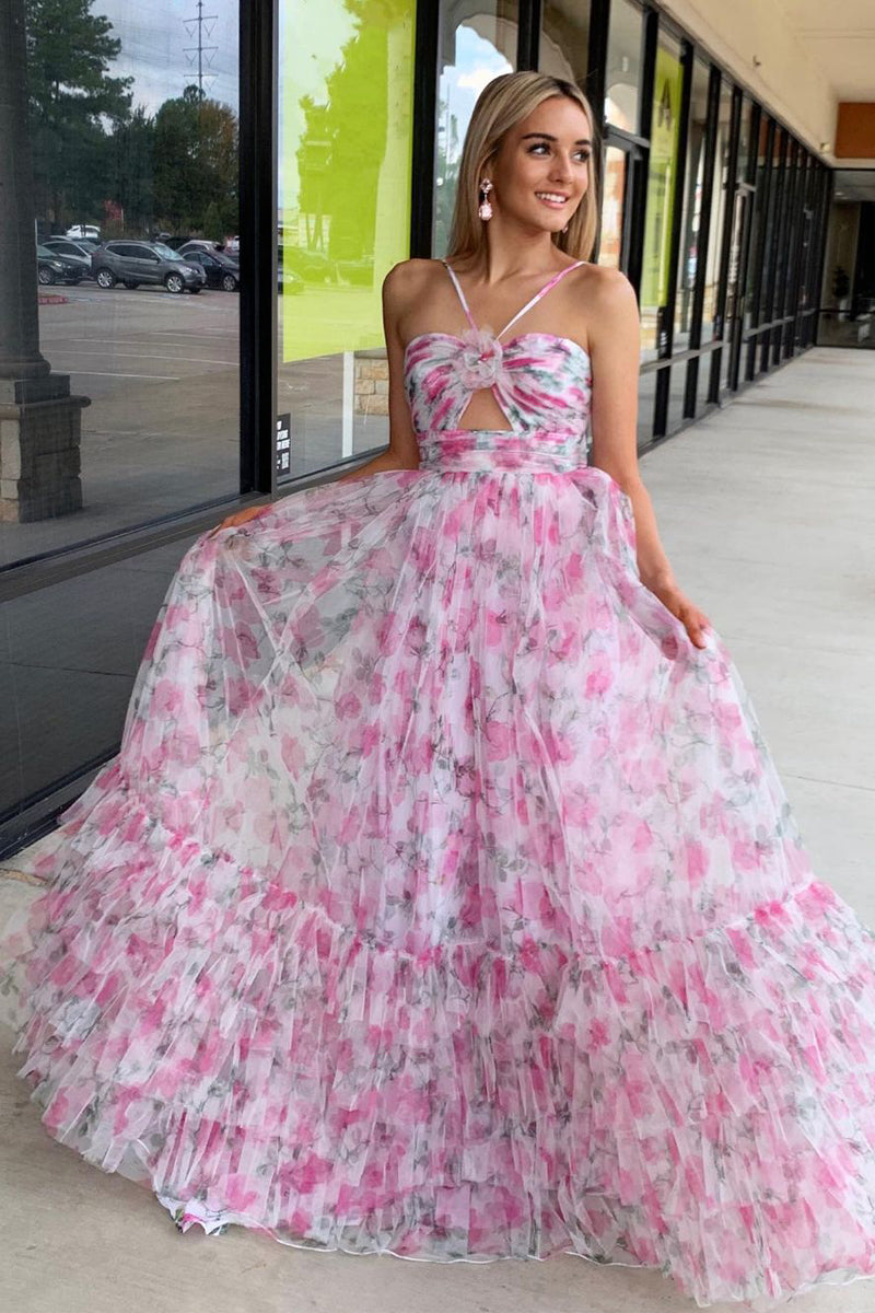 Fairy A Line Sweetheart Floral Print Tulle Long Prom Dresses AB121305