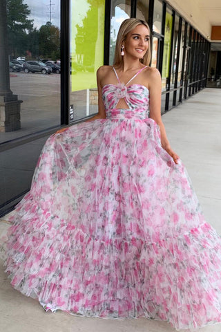 Fairy A Line Sweetheart Floral Print Tulle Long Prom Dresses AB121305